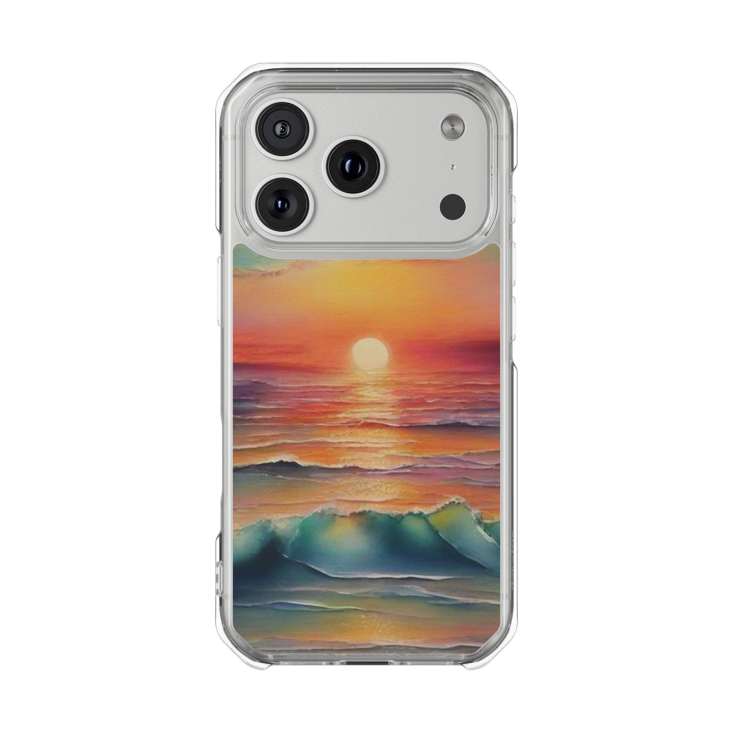 Clear Magnetic Phone Case — Sunset Ocean Art Design. Magnetic Impact Phone Case for iPhone 17/16/15/14. The Embedded Magnet Ring Keeps MagSafe Accessories Snapping on Smoothly.