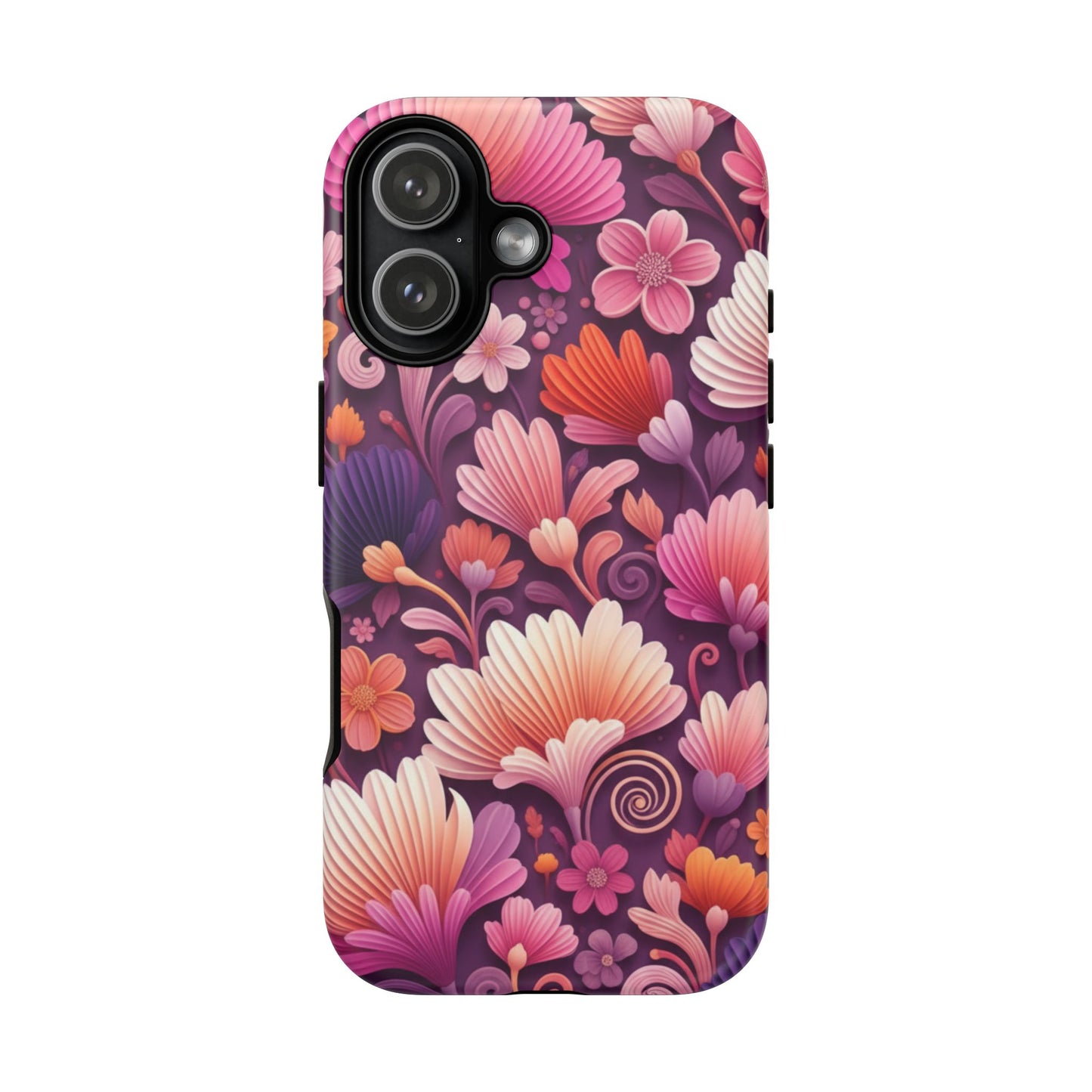 Floral Vibes Phone Case — iPhone Tough Cases Phone Cases for iPhone 14\15\16\17 – Dual Layer, Matte/Glossy Finish, Wireless Charging Compatible. Pink & Purple Retro Blossom Protective Cover