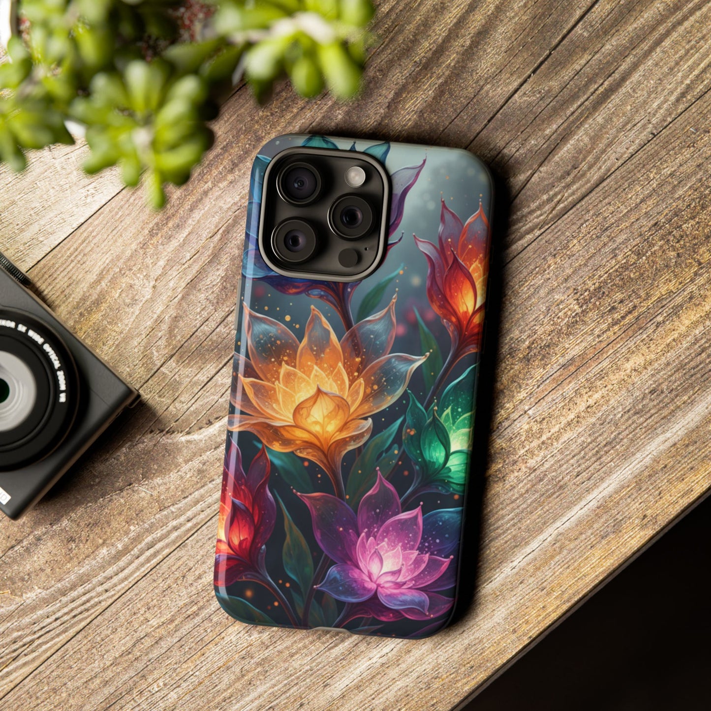iPhone Tough Cases Phone Cases for iPhone 14\15\16\17 – Dual Layer, Matte/Glossy Finish, Wireless Charging CompatibleFloral Lotus Tough Phone Case - Colorful Glowing Flowers Protective Cover