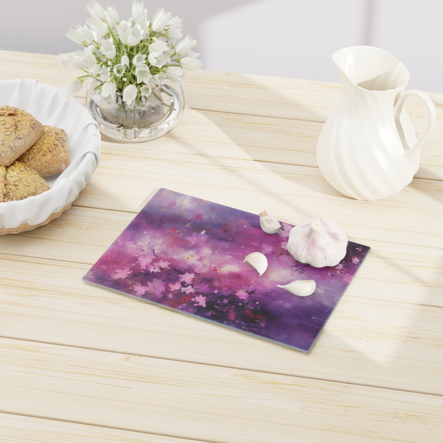 Tempered Glass Cutting Board – Hygienic, Scratch-Resistant, Dishwasher-Safe | Modern Kitchen Essential, Floral Artistic Cutting Board - Purple Blossom Design