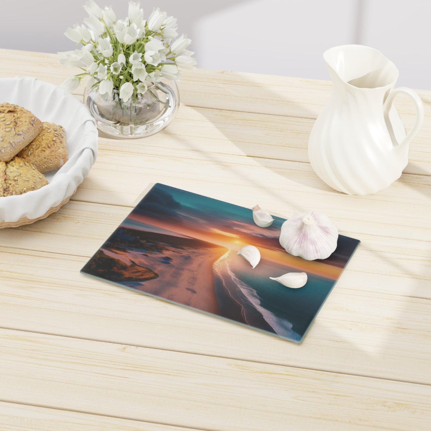 Tempered Glass Cutting Board – Hygienic, Scratch-Resistant, Dishwasher-Safe | Modern Kitchen Essential, Sunset Beach Cutting Board - Coastal Kitchen Decor