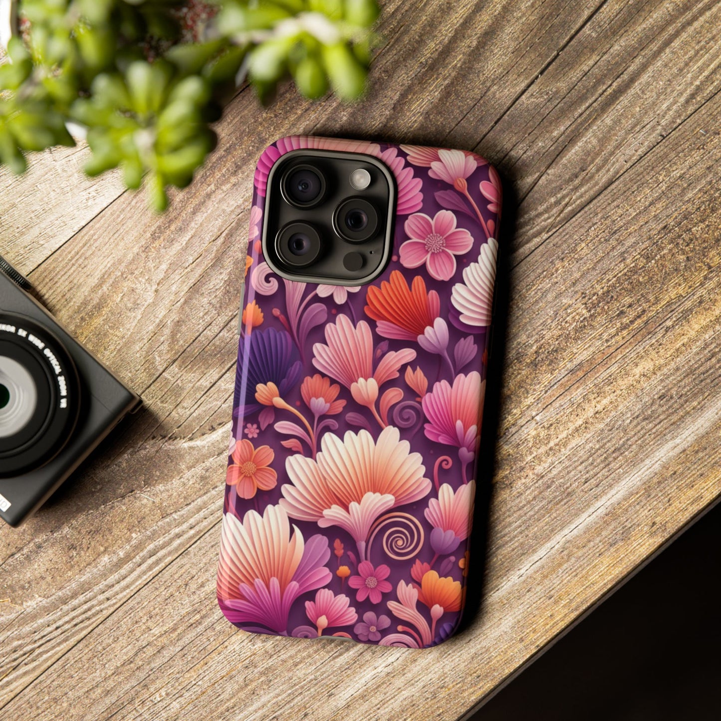Floral Vibes Phone Case — iPhone Tough Cases Phone Cases for iPhone 14\15\16\17 – Dual Layer, Matte/Glossy Finish, Wireless Charging Compatible. Pink & Purple Retro Blossom Protective Cover
