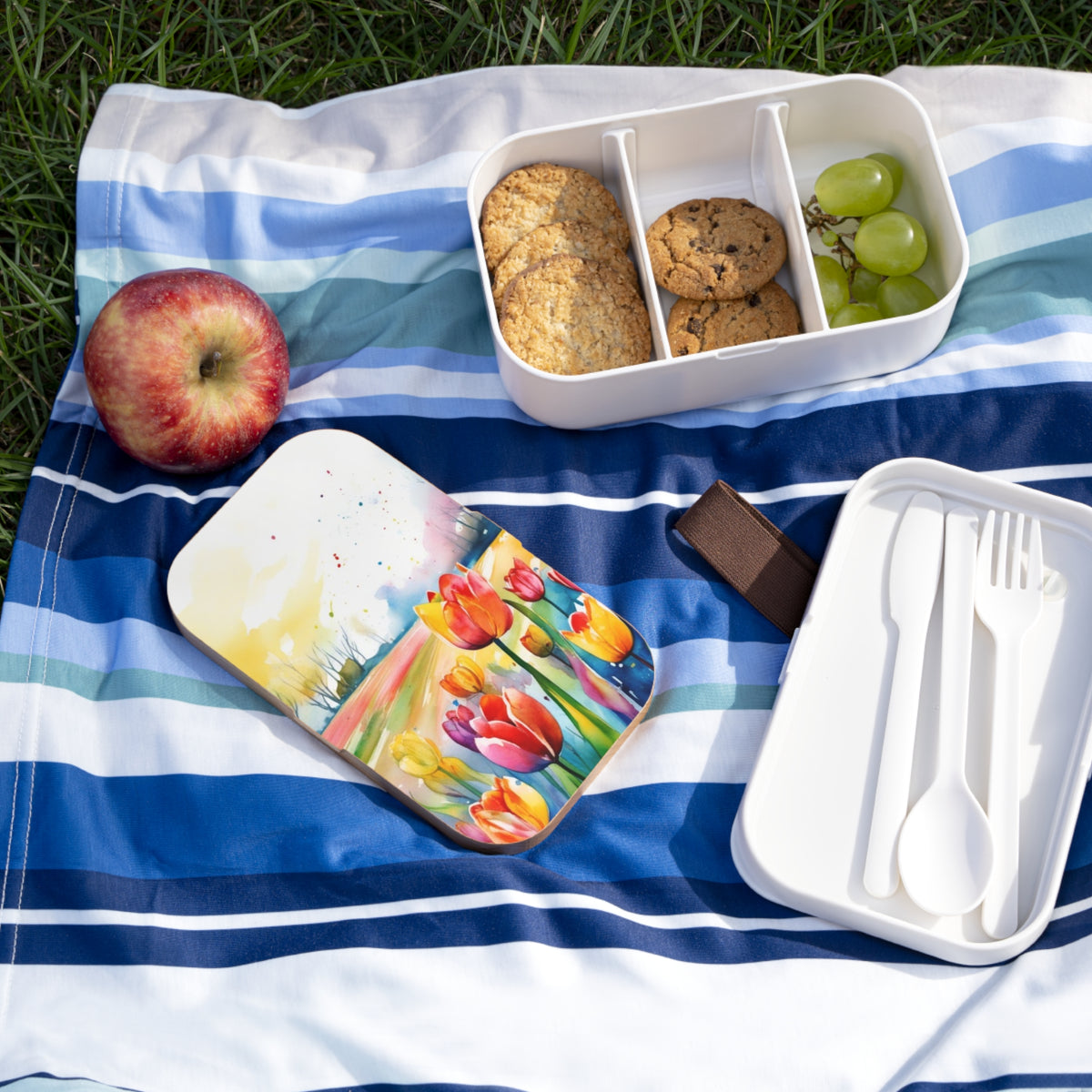 Stylish Bento Box Lunchbox – Portable, Designer Food Container with Wooden Lid & Two Moveable Compartments for Work, School & Picnics