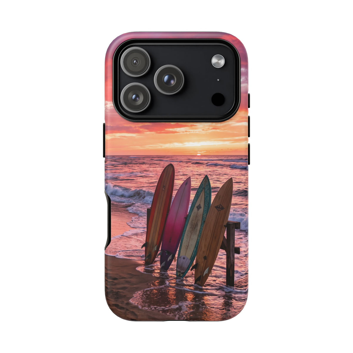 iPhone Tough Cases Phone Cases for iPhone 16\17\18 – Dual Layer, Matte/Glossy Finish, Wireless Charging Compatible. Phone Case - Sunset Surfboard Beach Case