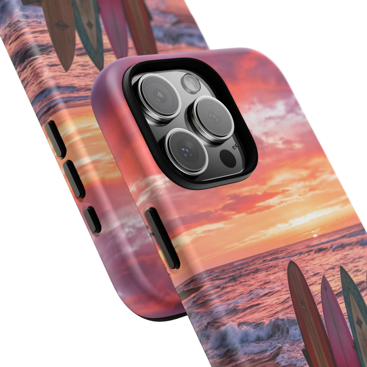 iPhone Tough Cases Phone Cases for iPhone 16\17\18 – Dual Layer, Matte/Glossy Finish, Wireless Charging Compatible. Phone Case - Sunset Surfboard Beach Case