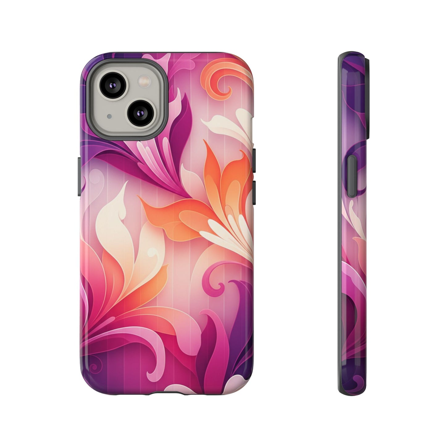 Floral Swirl Tough Phone Case iPhone Tough Cases Phone Cases for iPhone 14\15\16\17 – Dual Layer, Matte/Glossy Finish, Wireless Charging Compatible — Pink & Orange Protective iPhone Cover