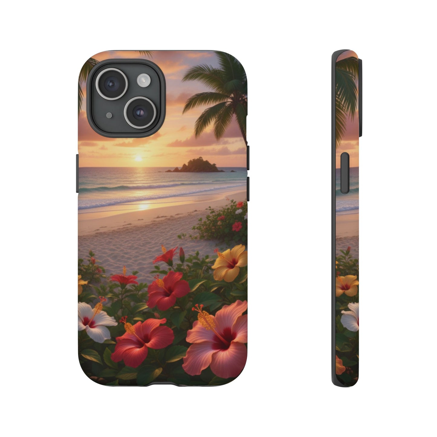 iPhone Tough Cases Phone Cases for iPhone 14\15\16\17 – Dual Layer, Matte/Glossy Finish, Wireless Charging CompatibleTough Cases — Tropical Sunset Hibiscus Phone Case