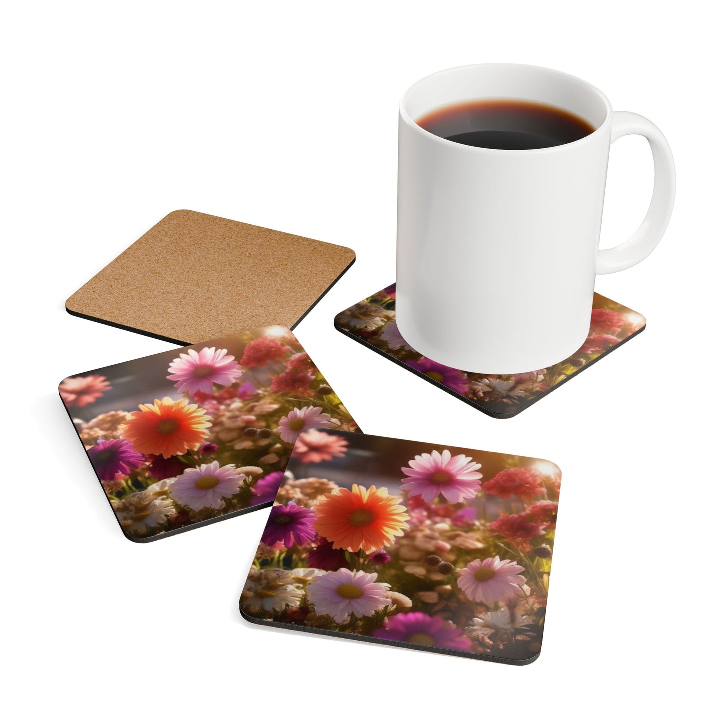 Floral Corkwood Coaster Set | Drink Coasters for Home & outdoor Decor