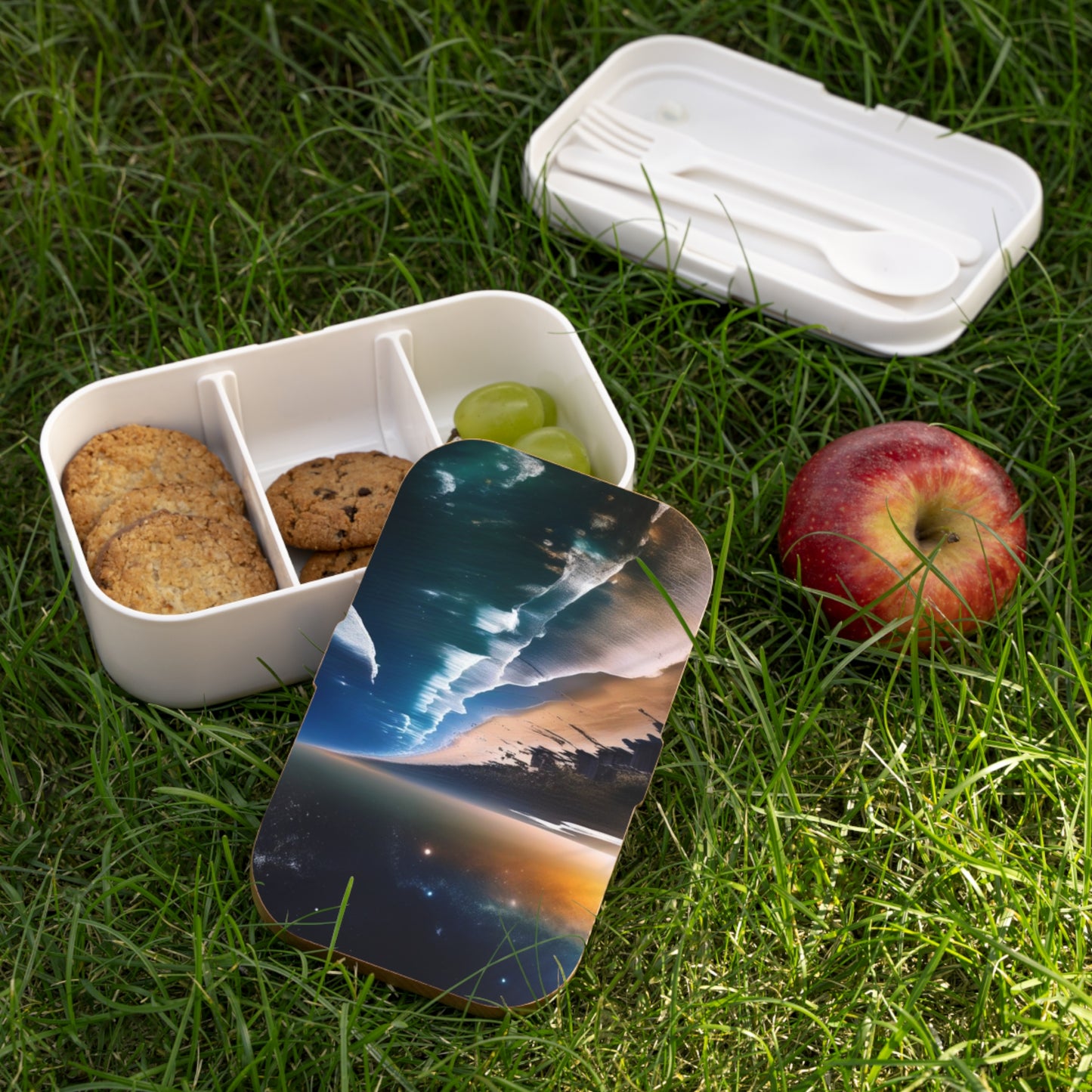 Scenic Ocean Sunset Bento Lunch Box — Beach Wave Landscape Portable Food Container with Wooden Lid & Two Moveable Compartments for Work, School & Picnics