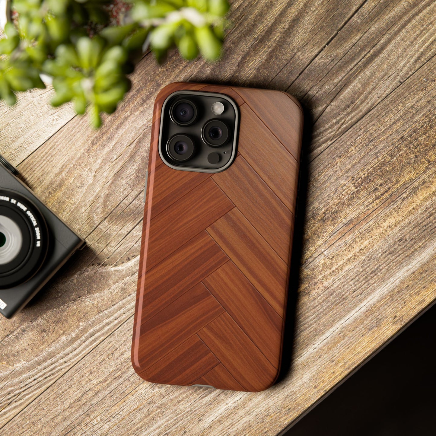 iPhone Tough Cases Phone Cases for iPhone 14\15\16\17 – Dual Layer, Matte/Glossy Finish, Wireless Charging Compatible. Plastic Woodgrain Herringbone Design Phone Case