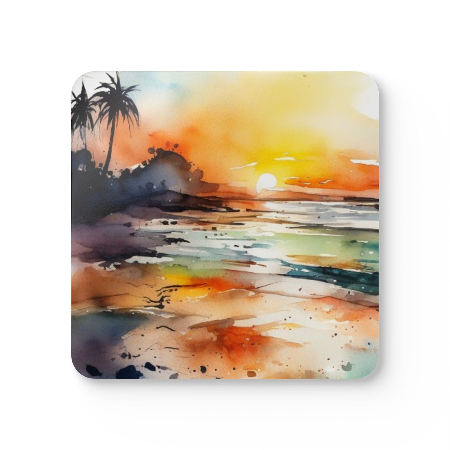 Artistic Cork Coaster Set with Sunset Design. Beach Lovers.