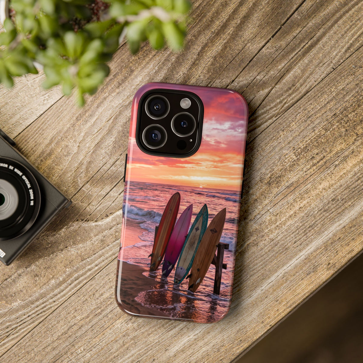 iPhone Tough Cases Phone Cases for iPhone 16\17\18 – Dual Layer, Matte/Glossy Finish, Wireless Charging Compatible. Phone Case - Sunset Surfboard Beach Case