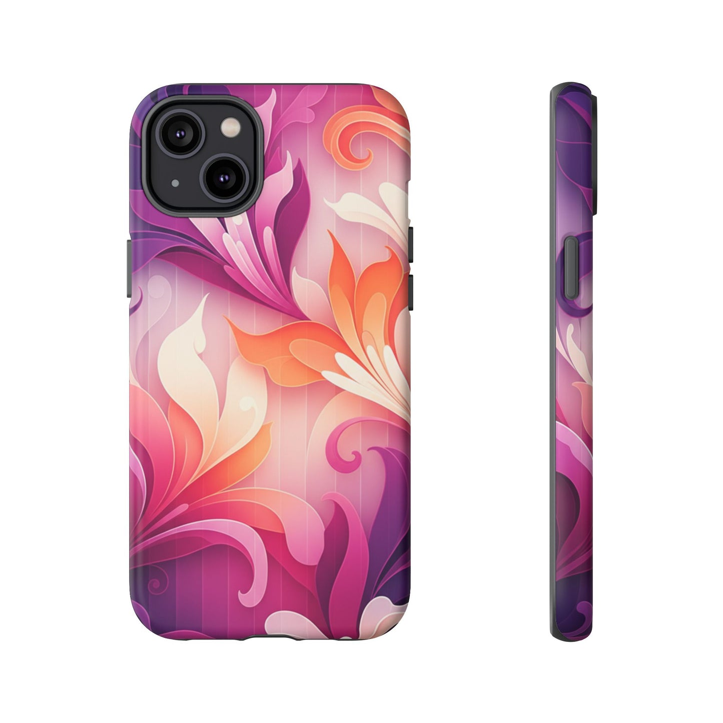 Floral Swirl Tough Phone Case iPhone Tough Cases Phone Cases for iPhone 14\15\16\17 – Dual Layer, Matte/Glossy Finish, Wireless Charging Compatible — Pink & Orange Protective iPhone Cover