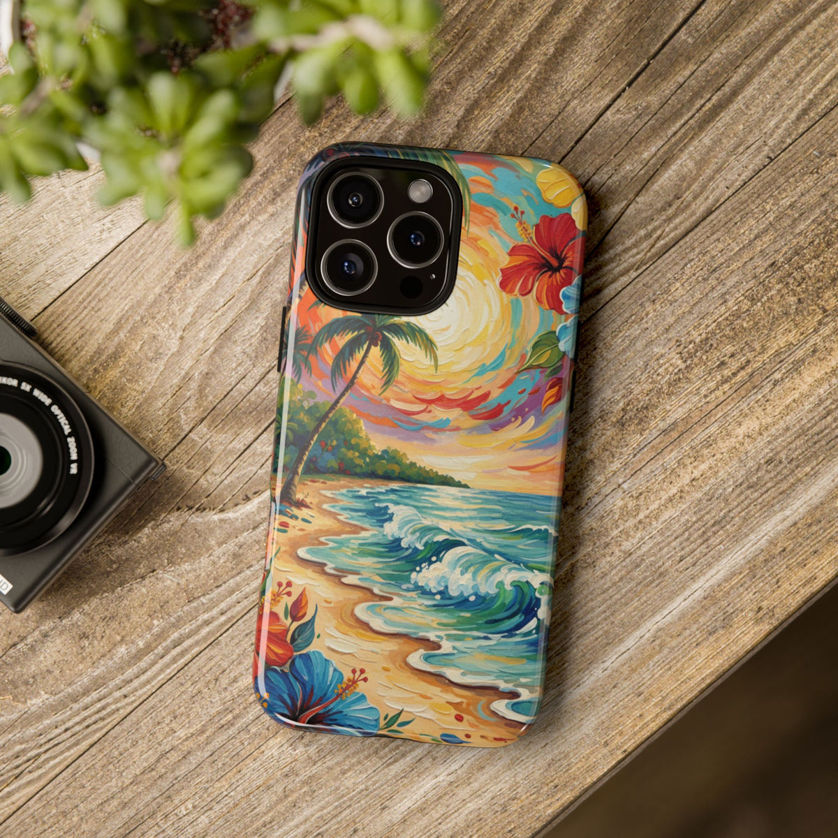 iPhone Tough Cases Phone Cases for iPhone 14\15\16\17 – Dual Layer, Matte/Glossy Finish, Wireless Charging Compatible, Tropical Sunset Phone Case — Beach Palm Tree Protective Tough Case, iPhone 17...