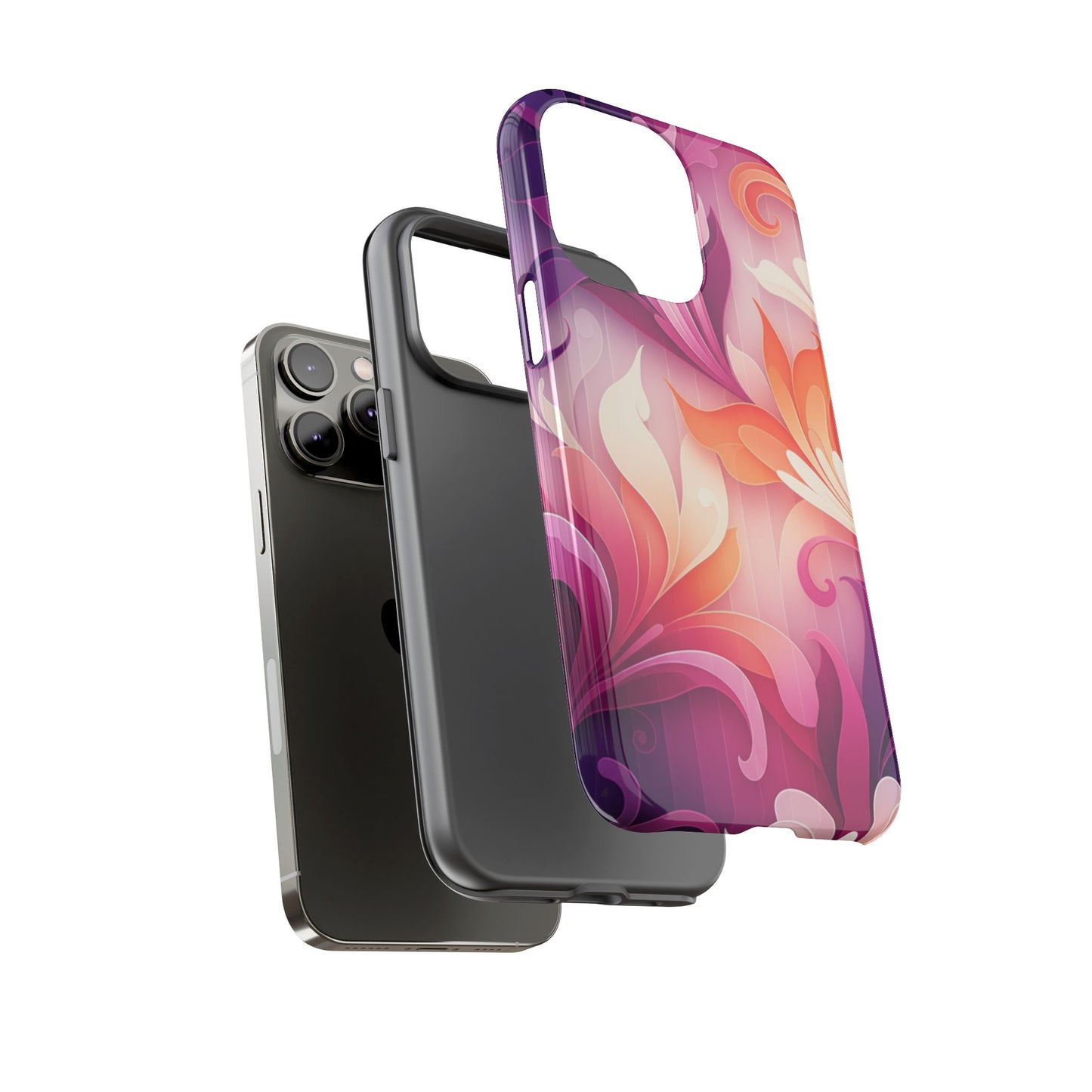 Floral Swirl Tough Phone Case iPhone Tough Cases Phone Cases for iPhone 14\15\16\17 – Dual Layer, Matte/Glossy Finish, Wireless Charging Compatible — Pink & Orange Protective iPhone Cover