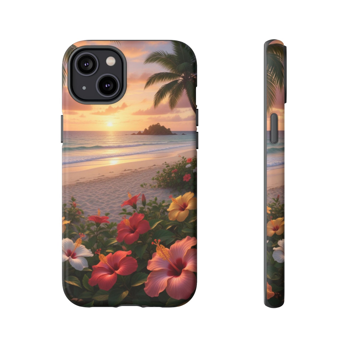 iPhone Tough Cases Phone Cases for iPhone 14\15\16\17 – Dual Layer, Matte/Glossy Finish, Wireless Charging CompatibleTough Cases — Tropical Sunset Hibiscus Phone Case