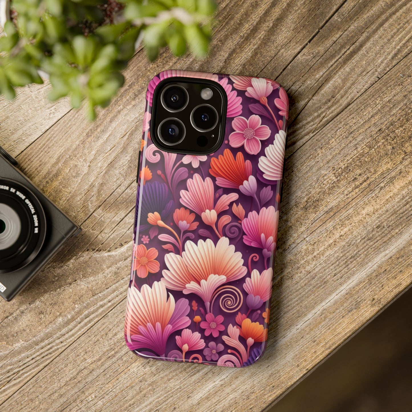 Floral Vibes Phone Case — iPhone Tough Cases Phone Cases for iPhone 14\15\16\17 – Dual Layer, Matte/Glossy Finish, Wireless Charging Compatible. Pink & Purple Retro Blossom Protective Cover