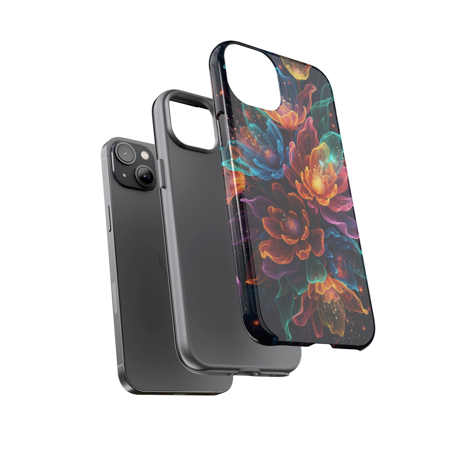 Floral Nebula Tough Phone Case — Colorful Cosmic Flower Protective Cover. iPhone Tough Cases Phone Cases for iPhone 14\15\16\17 – Dual Layer, Matte/Glossy Finish, Wireless Charging Compatible