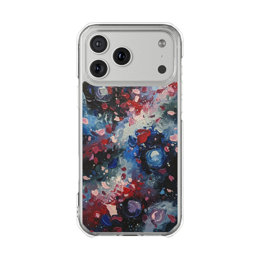Magnetic Impact Phone Case for iPhone 17/16/15/14 Clear Magnetic Impact Phone Case — Abstract Red & Blue Galaxy Design