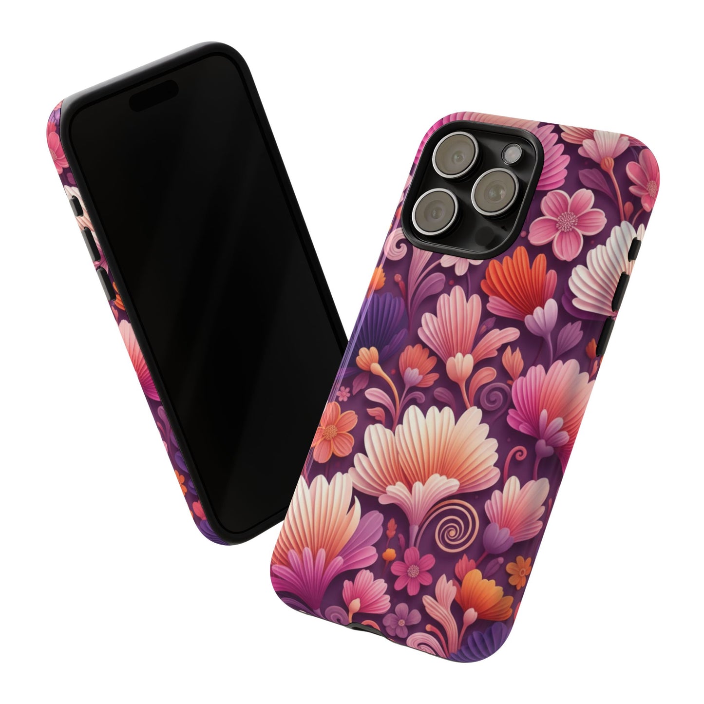 Floral Vibes Phone Case — iPhone Tough Cases Phone Cases for iPhone 14\15\16\17 – Dual Layer, Matte/Glossy Finish, Wireless Charging Compatible. Pink & Purple Retro Blossom Protective Cover