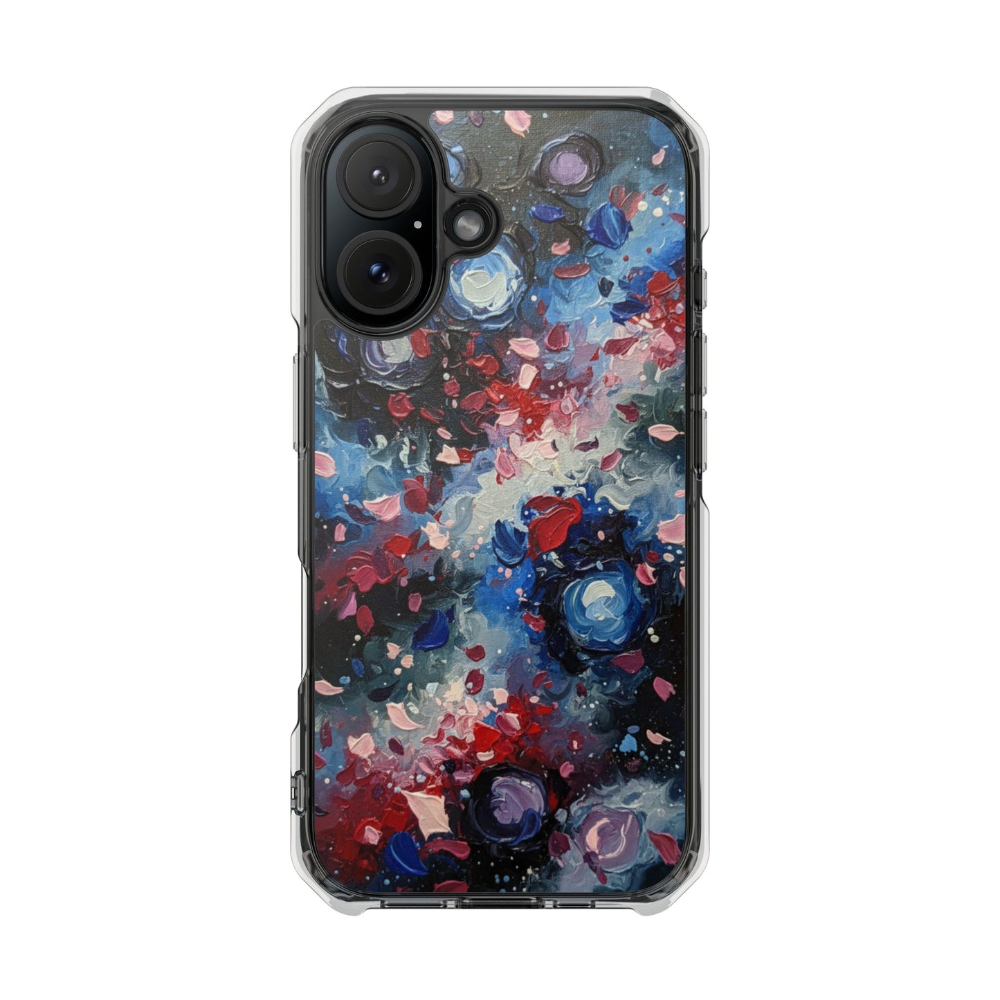 Magnetic Impact Phone Case for iPhone 17/16/15/14 Clear Magnetic Impact Phone Case — Abstract Red & Blue Galaxy Design