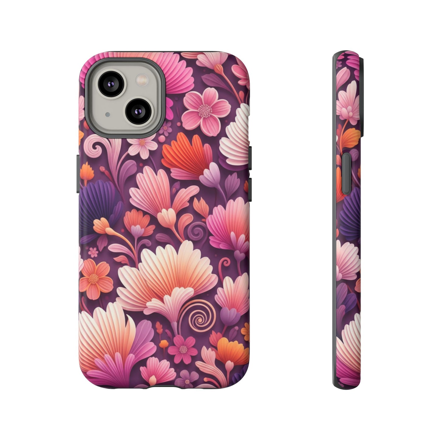 Floral Vibes Phone Case — iPhone Tough Cases Phone Cases for iPhone 14\15\16\17 – Dual Layer, Matte/Glossy Finish, Wireless Charging Compatible. Pink & Purple Retro Blossom Protective Cover