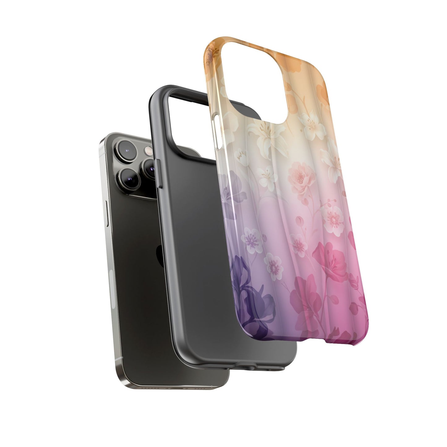 Floral Gradient Phone Case iPhone Tough Cases Phone Cases for iPhone 14\15\16\17 – Dual Layer, Matte/Glossy Finish, Wireless Charging Compatible - Pastel Ombre Flowers Protective Cover