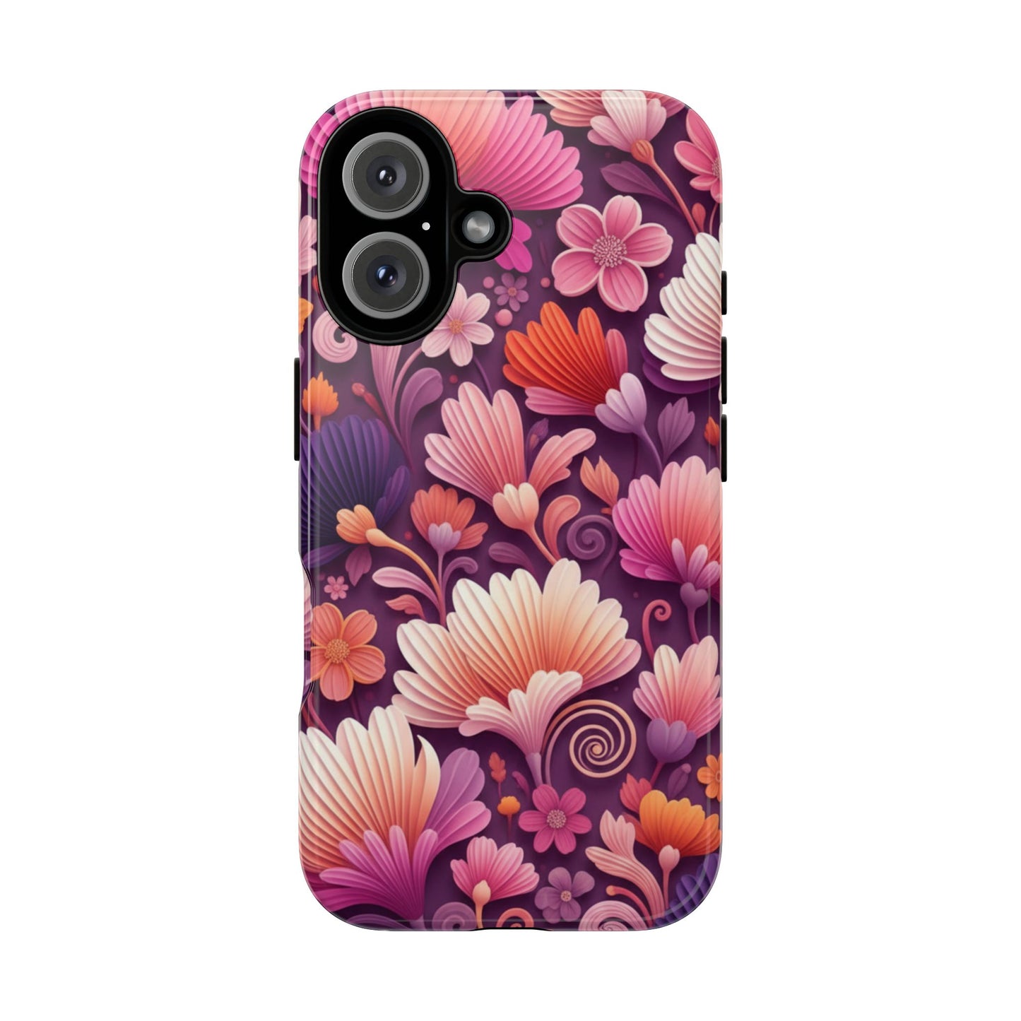 Floral Vibes Phone Case — iPhone Tough Cases Phone Cases for iPhone 14\15\16\17 – Dual Layer, Matte/Glossy Finish, Wireless Charging Compatible. Pink & Purple Retro Blossom Protective Cover