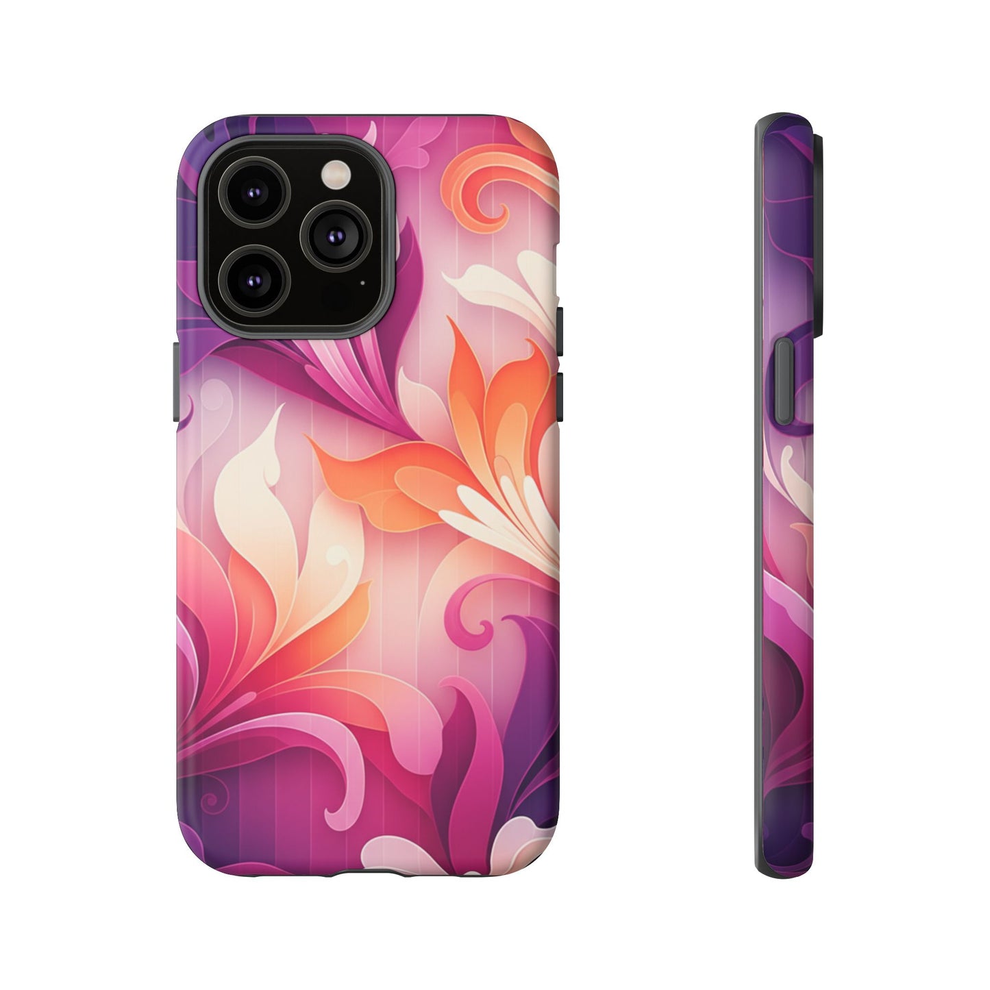 Floral Swirl Tough Phone Case iPhone Tough Cases Phone Cases for iPhone 14\15\16\17 – Dual Layer, Matte/Glossy Finish, Wireless Charging Compatible — Pink & Orange Protective iPhone Cover