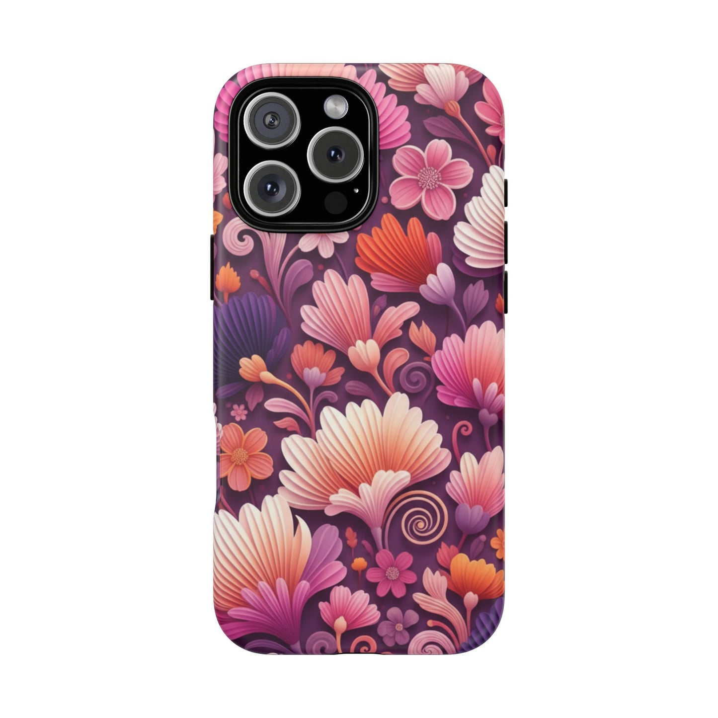 Floral Vibes Phone Case — iPhone Tough Cases Phone Cases for iPhone 14\15\16\17 – Dual Layer, Matte/Glossy Finish, Wireless Charging Compatible. Pink & Purple Retro Blossom Protective Cover