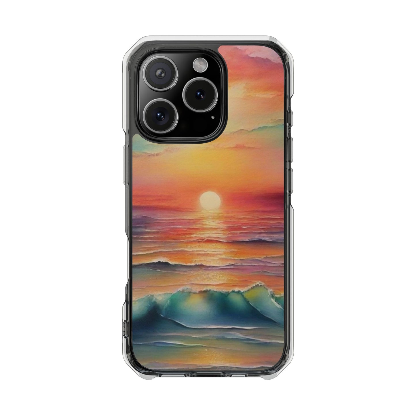 Clear Magnetic Phone Case — Sunset Ocean Art Design. Magnetic Impact Phone Case for iPhone 17/16/15/14. The Embedded Magnet Ring Keeps MagSafe Accessories Snapping on Smoothly.