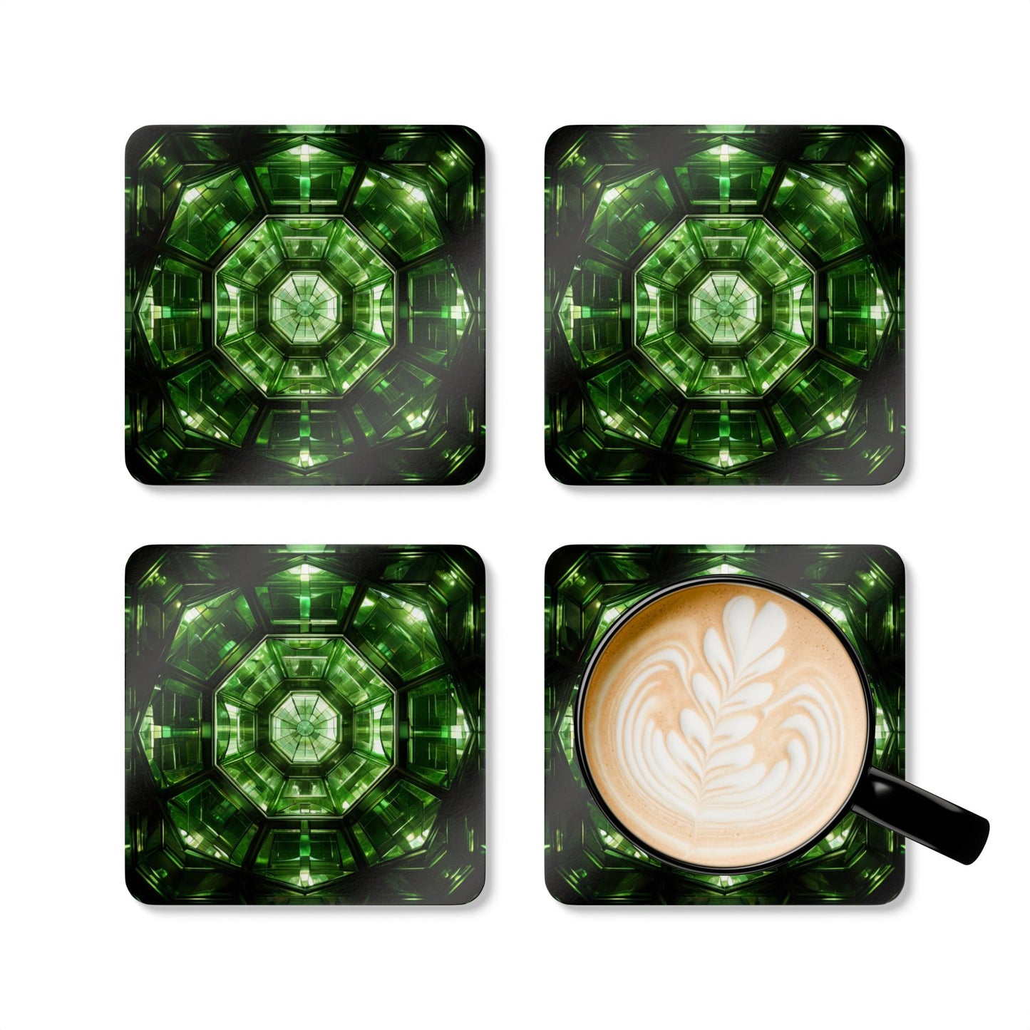 Green Geometric Cork Coaster Set, Home Decor, Kitchen Swag