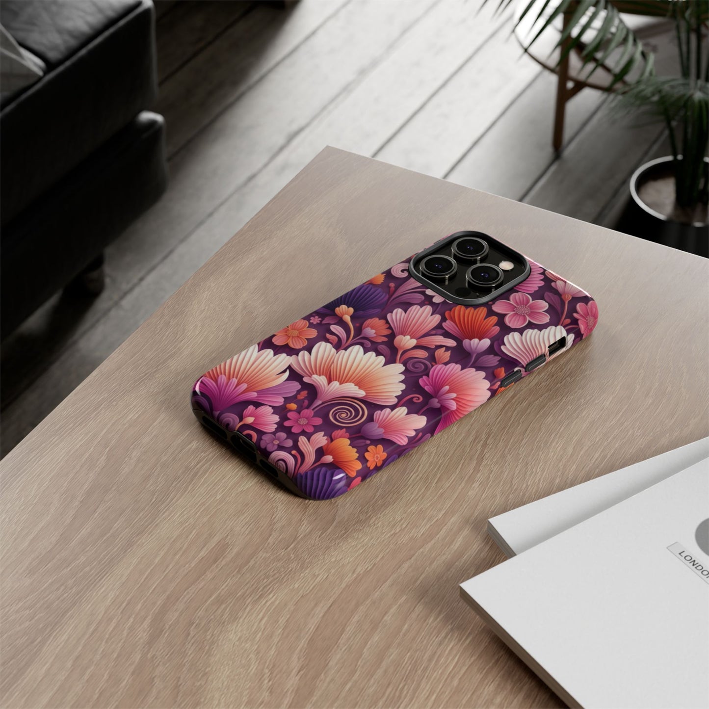 Floral Vibes Phone Case — iPhone Tough Cases Phone Cases for iPhone 14\15\16\17 – Dual Layer, Matte/Glossy Finish, Wireless Charging Compatible. Pink & Purple Retro Blossom Protective Cover