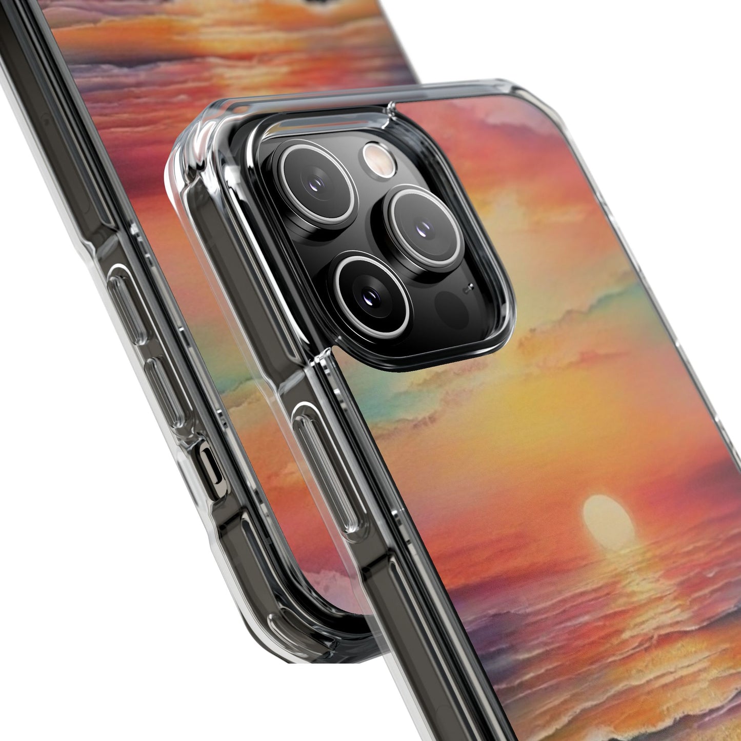 Clear Magnetic Phone Case — Sunset Ocean Art Design. Magnetic Impact Phone Case for iPhone 17/16/15/14. The Embedded Magnet Ring Keeps MagSafe Accessories Snapping on Smoothly.