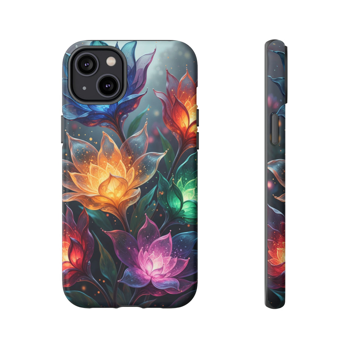 iPhone Tough Cases Phone Cases for iPhone 14\15\16\17 – Dual Layer, Matte/Glossy Finish, Wireless Charging CompatibleFloral Lotus Tough Phone Case - Colorful Glowing Flowers Protective Cover