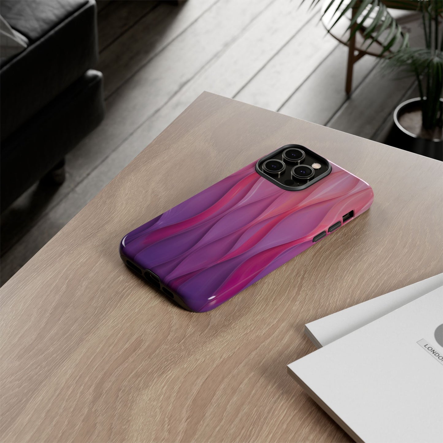 Pink Purple Wave Tough Phone Case. iPhone Tough Cases Phone Cases for iPhone 14\15\16\17 – Dual Layer, Matte/Glossy Finish, Wireless Charging Compatible — Abstract Gradient Protective Cover