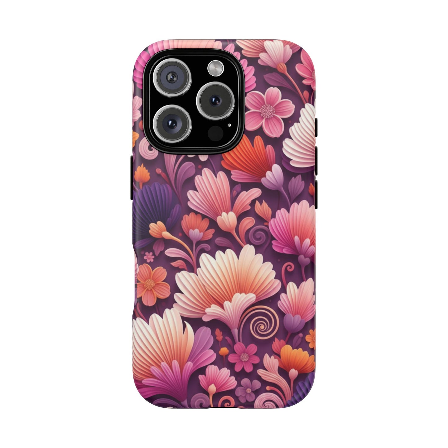 Floral Vibes Phone Case — iPhone Tough Cases Phone Cases for iPhone 14\15\16\17 – Dual Layer, Matte/Glossy Finish, Wireless Charging Compatible. Pink & Purple Retro Blossom Protective Cover