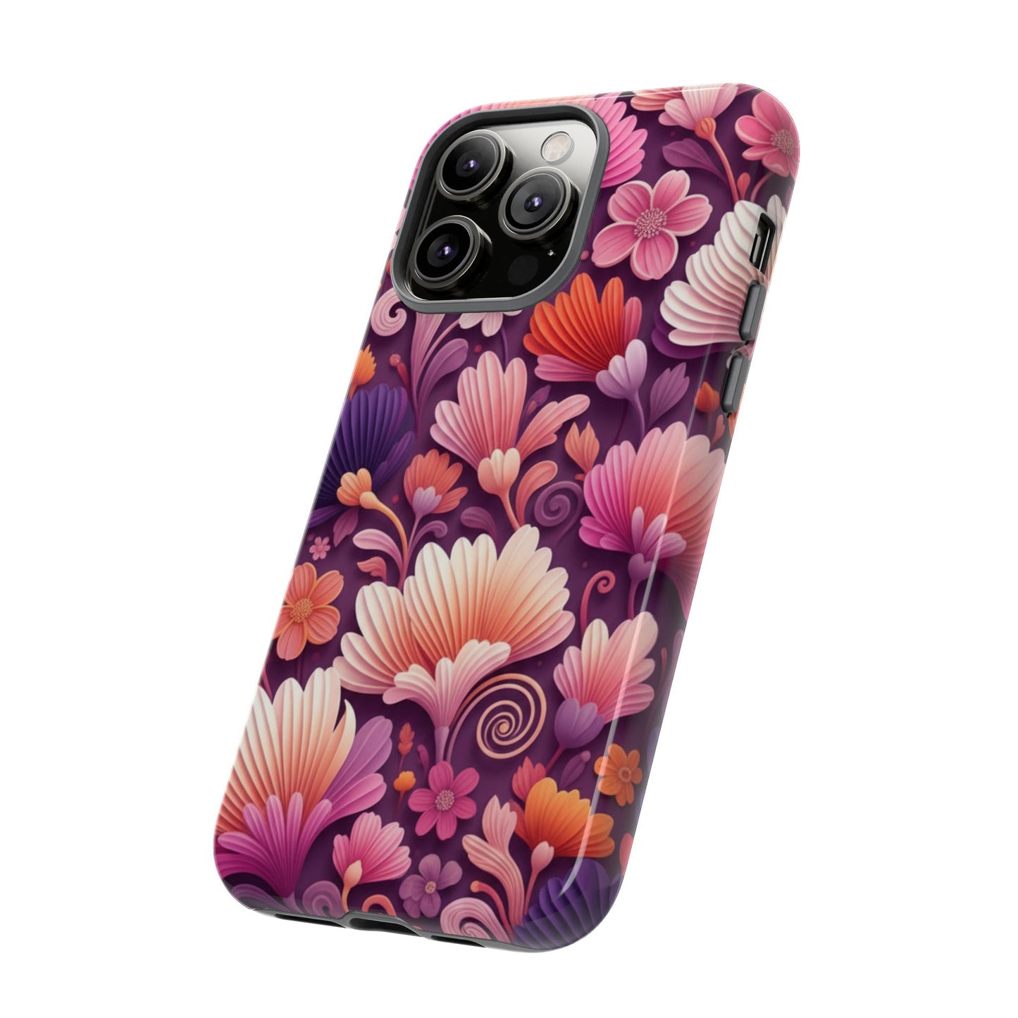 Floral Vibes Phone Case — iPhone Tough Cases Phone Cases for iPhone 14\15\16\17 – Dual Layer, Matte/Glossy Finish, Wireless Charging Compatible. Pink & Purple Retro Blossom Protective Cover