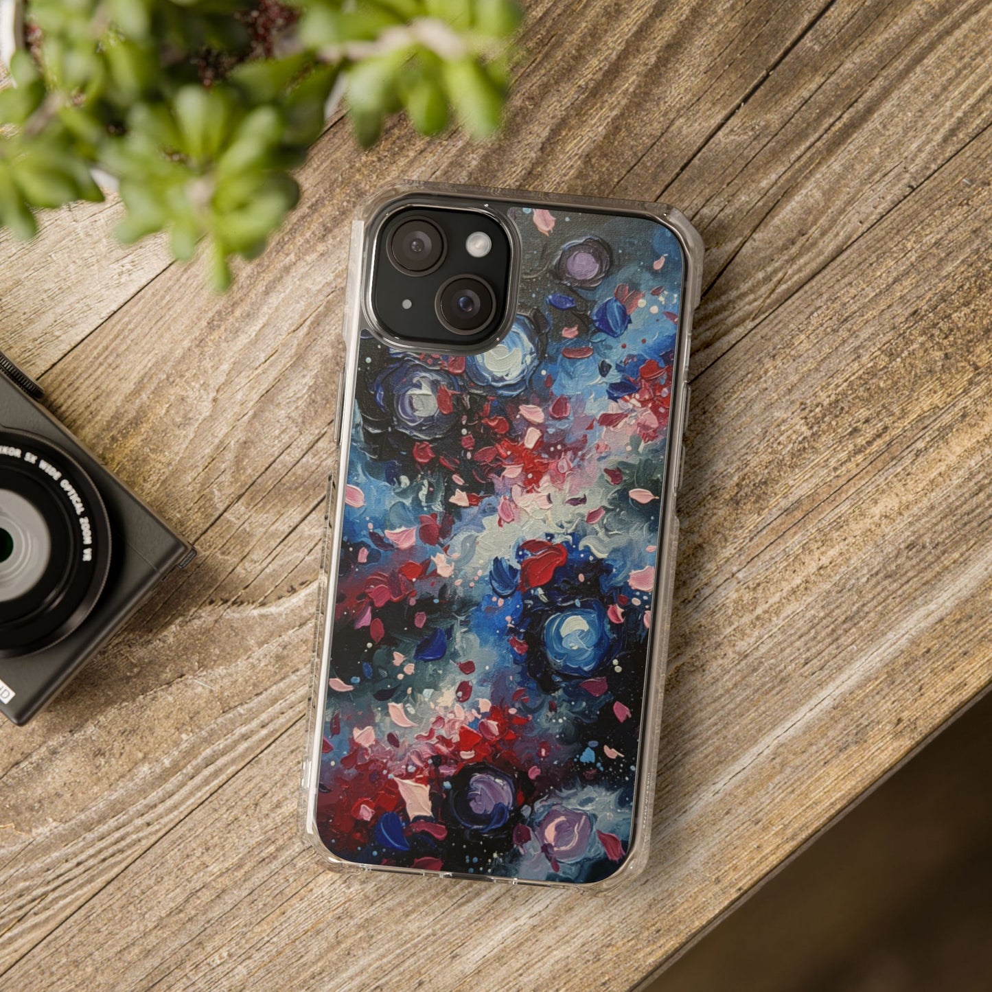 Magnetic Impact Phone Case for iPhone 17/16/15/14 Clear Magnetic Impact Phone Case — Abstract Red & Blue Galaxy Design