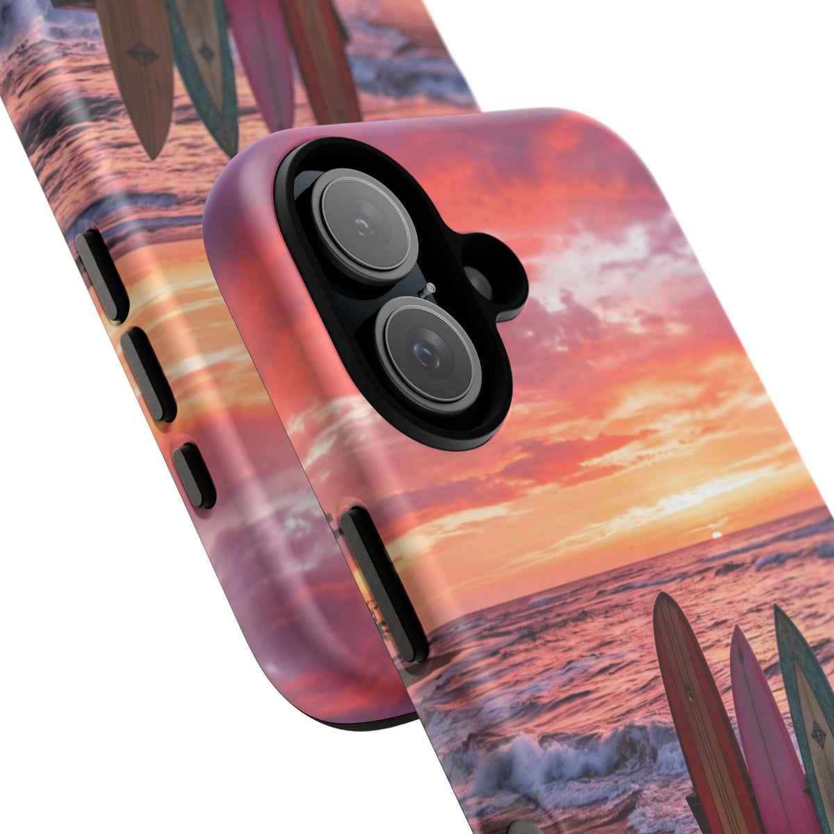 iPhone Tough Cases Phone Cases for iPhone 16\17\18 – Dual Layer, Matte/Glossy Finish, Wireless Charging Compatible. Phone Case - Sunset Surfboard Beach Case