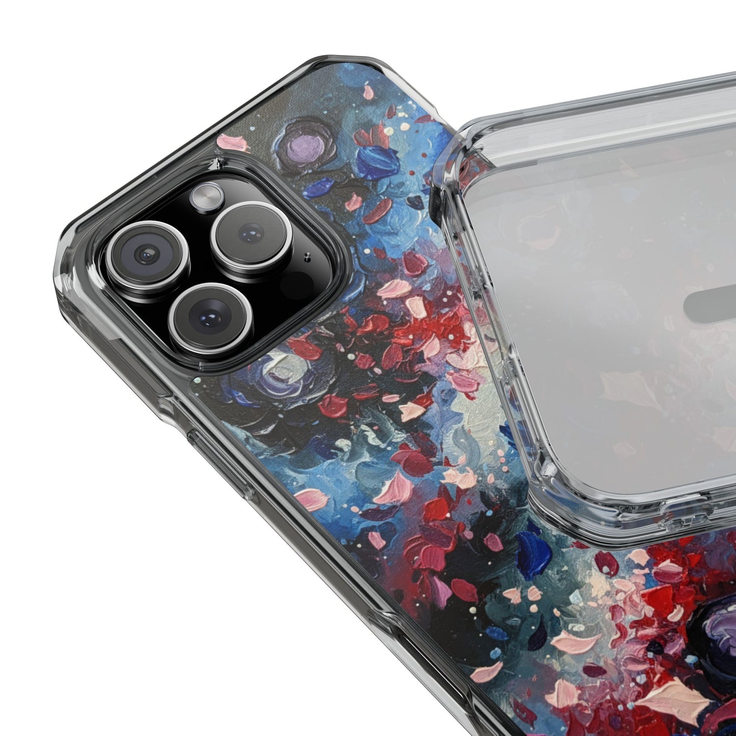 Magnetic Impact Phone Case for iPhone 17/16/15/14 Clear Magnetic Impact Phone Case — Abstract Red & Blue Galaxy Design