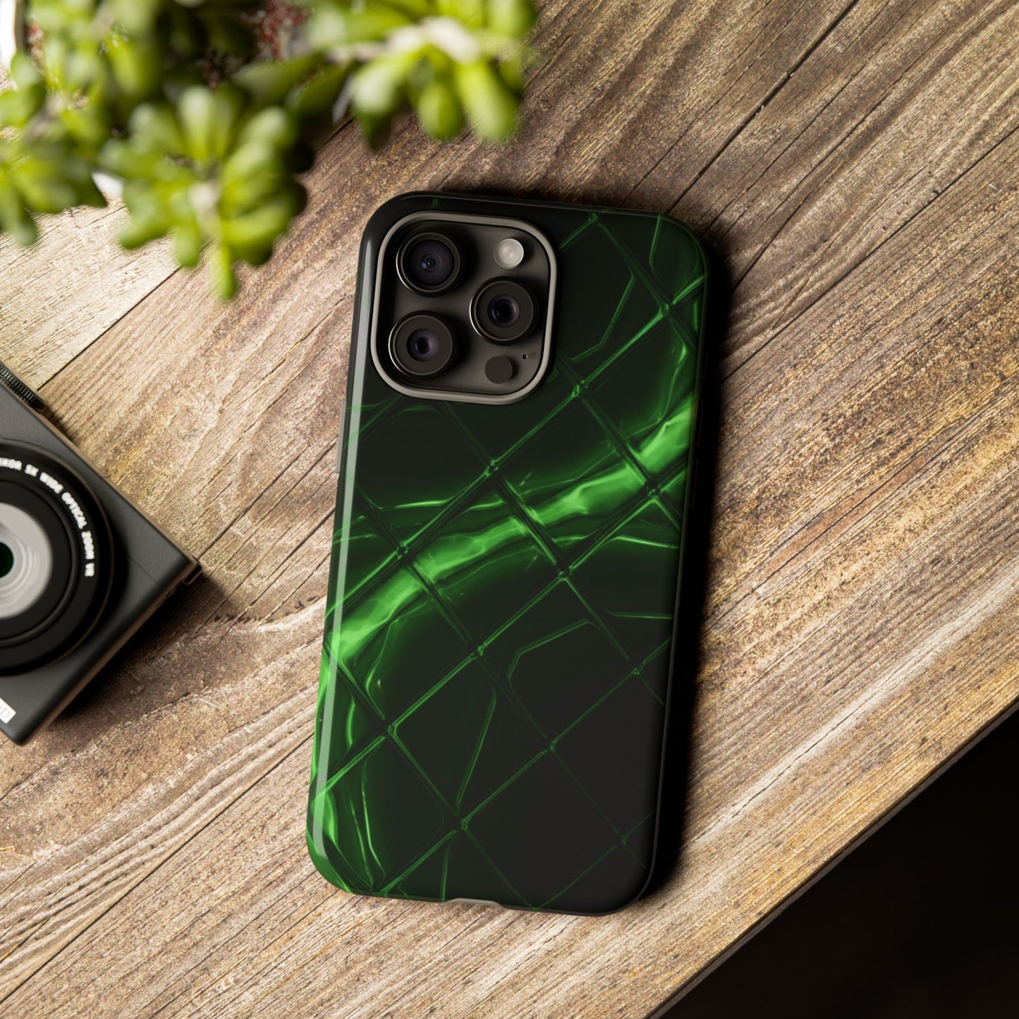 iPhone Tough Cases Phone Cases for iPhone 14\15\16\17 – Dual Layer, Matte/Glossy Finish, Wireless Charging Compatible. Green Neon Grid Phone Case — Protective Tough Case with Abstract Glow Design