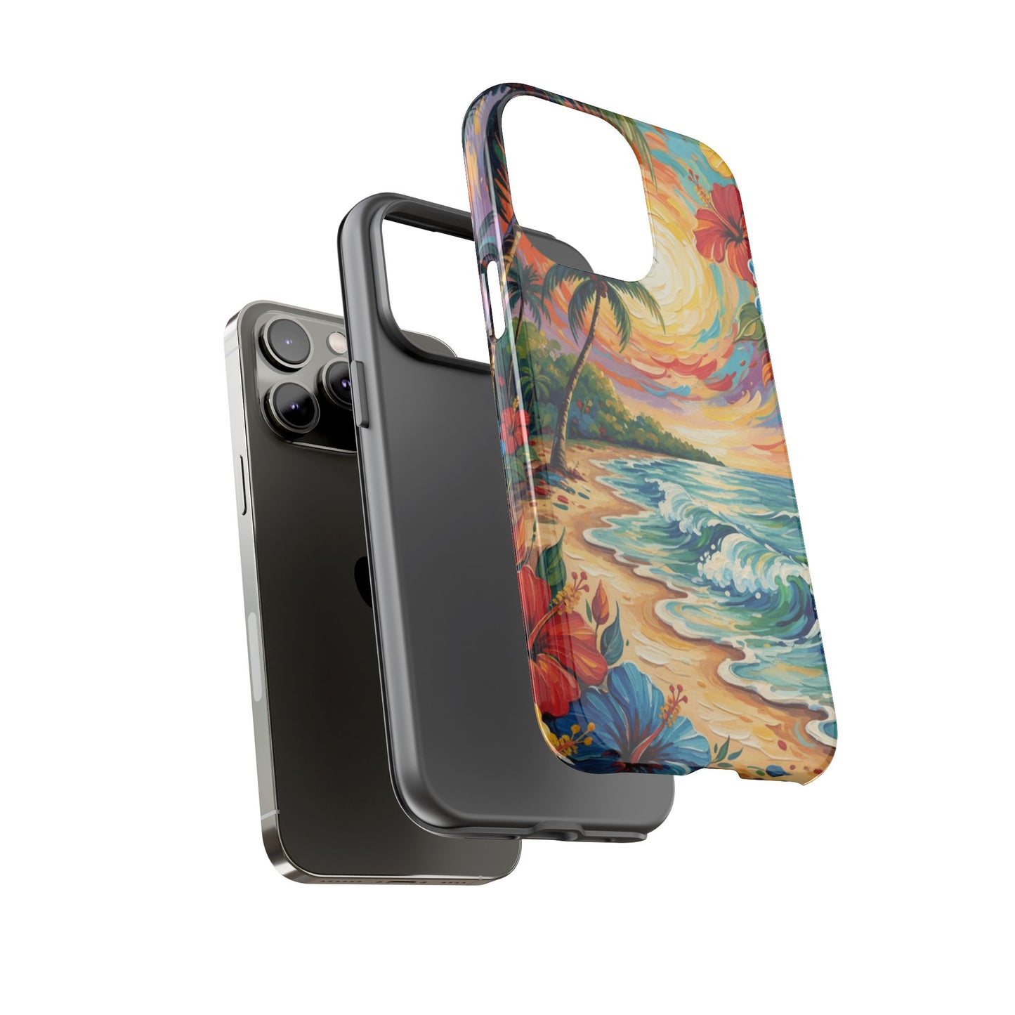 iPhone Tough Cases Phone Cases for iPhone 14\15\16\17 – Dual Layer, Matte/Glossy Finish, Wireless Charging Compatible, Tropical Sunset Phone Case — Beach Palm Tree Protective Tough Case, iPhone 17 protective case