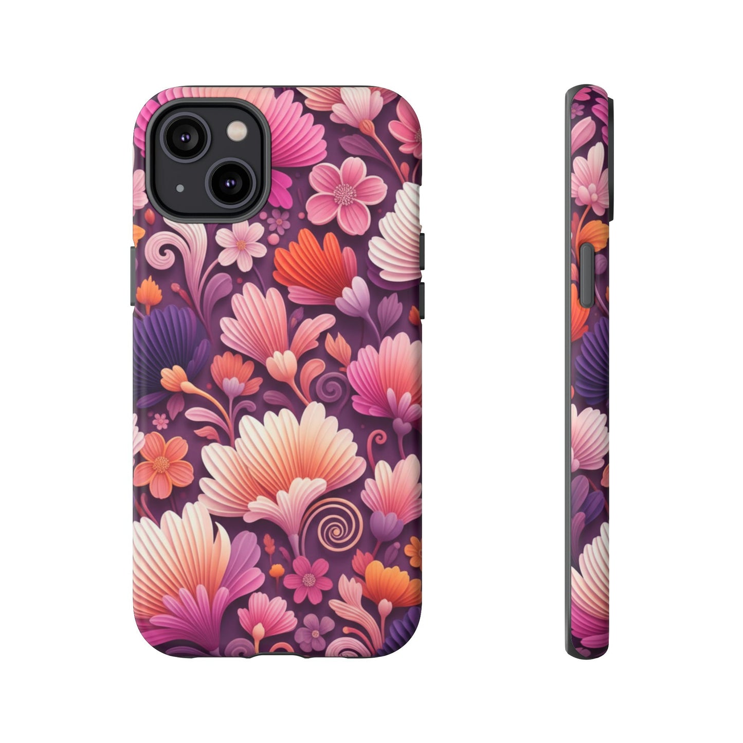 Floral Vibes Phone Case — iPhone Tough Cases Phone Cases for iPhone 14\15\16\17 – Dual Layer, Matte/Glossy Finish, Wireless Charging Compatible. Pink & Purple Retro Blossom Protective Cover