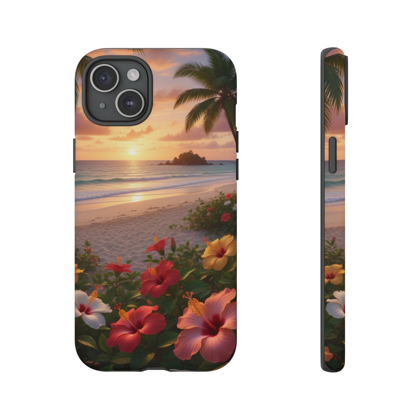 iPhone Tough Cases Phone Cases for iPhone 14\15\16\17 – Dual Layer, Matte/Glossy Finish, Wireless Charging CompatibleTough Cases — Tropical Sunset Hibiscus Phone Case