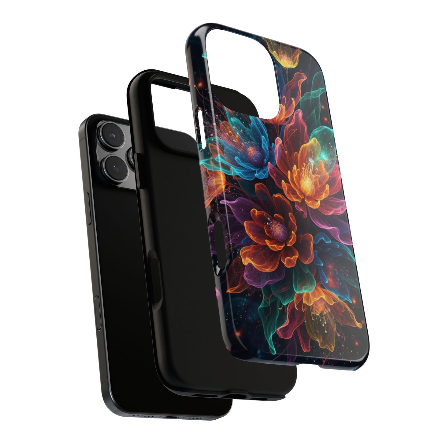 Floral Nebula Tough Phone Case — Colorful Cosmic Flower Protective Cover. iPhone Tough Cases Phone Cases for iPhone 14\15\16\17 – Dual Layer, Matte/Glossy Finish, Wireless Charging Compatible