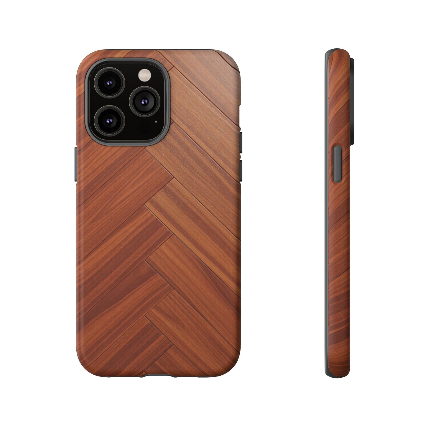 iPhone Tough Cases Phone Cases for iPhone 14\15\16\17 – Dual Layer, Matte/Glossy Finish, Wireless Charging Compatible. Plastic Woodgrain Herringbone Design Phone Case