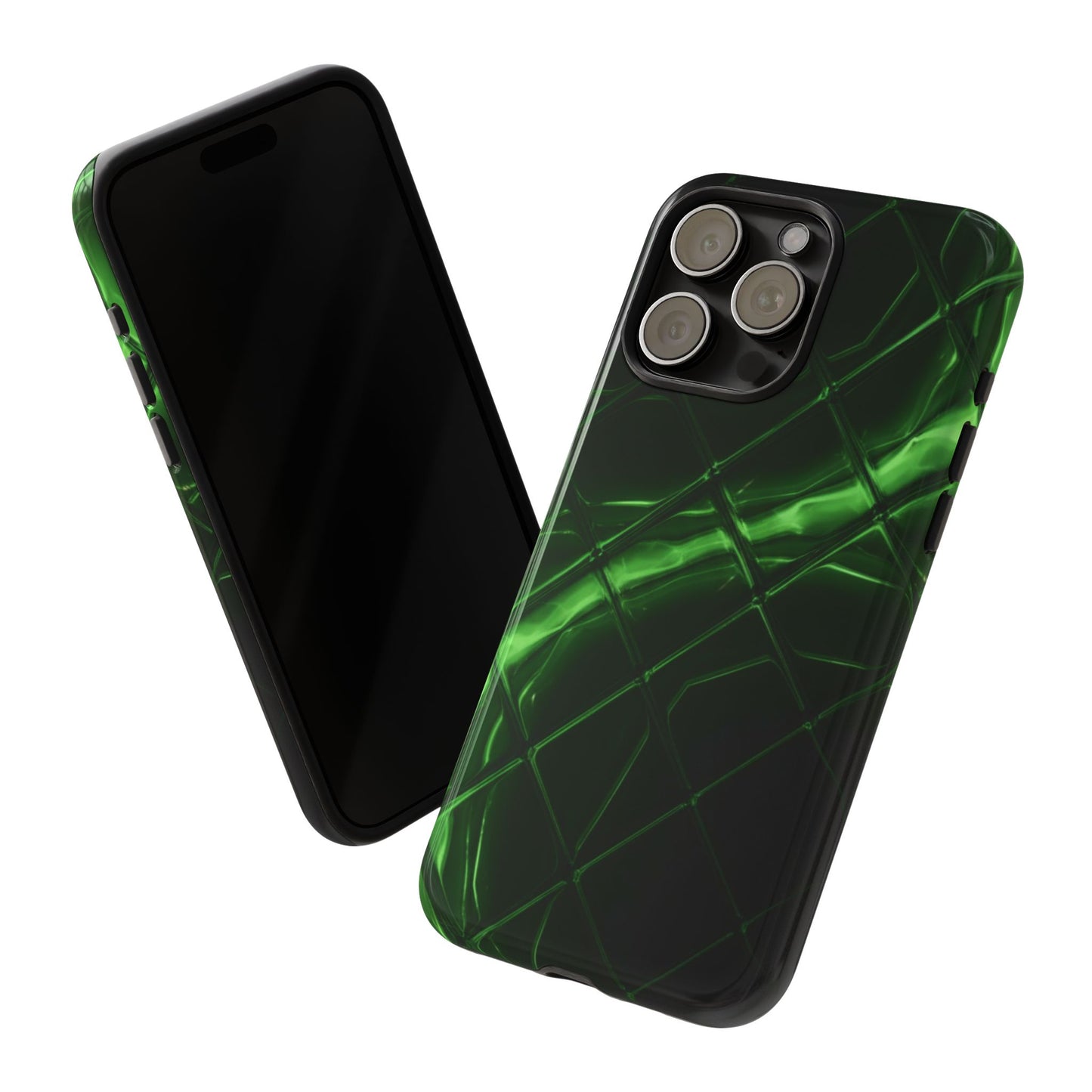 iPhone Tough Cases Phone Cases for iPhone 14\15\16\17 – Dual Layer, Matte/Glossy Finish, Wireless Charging Compatible. Green Neon Grid Phone Case — Protective Tough Case with Abstract Glow Design