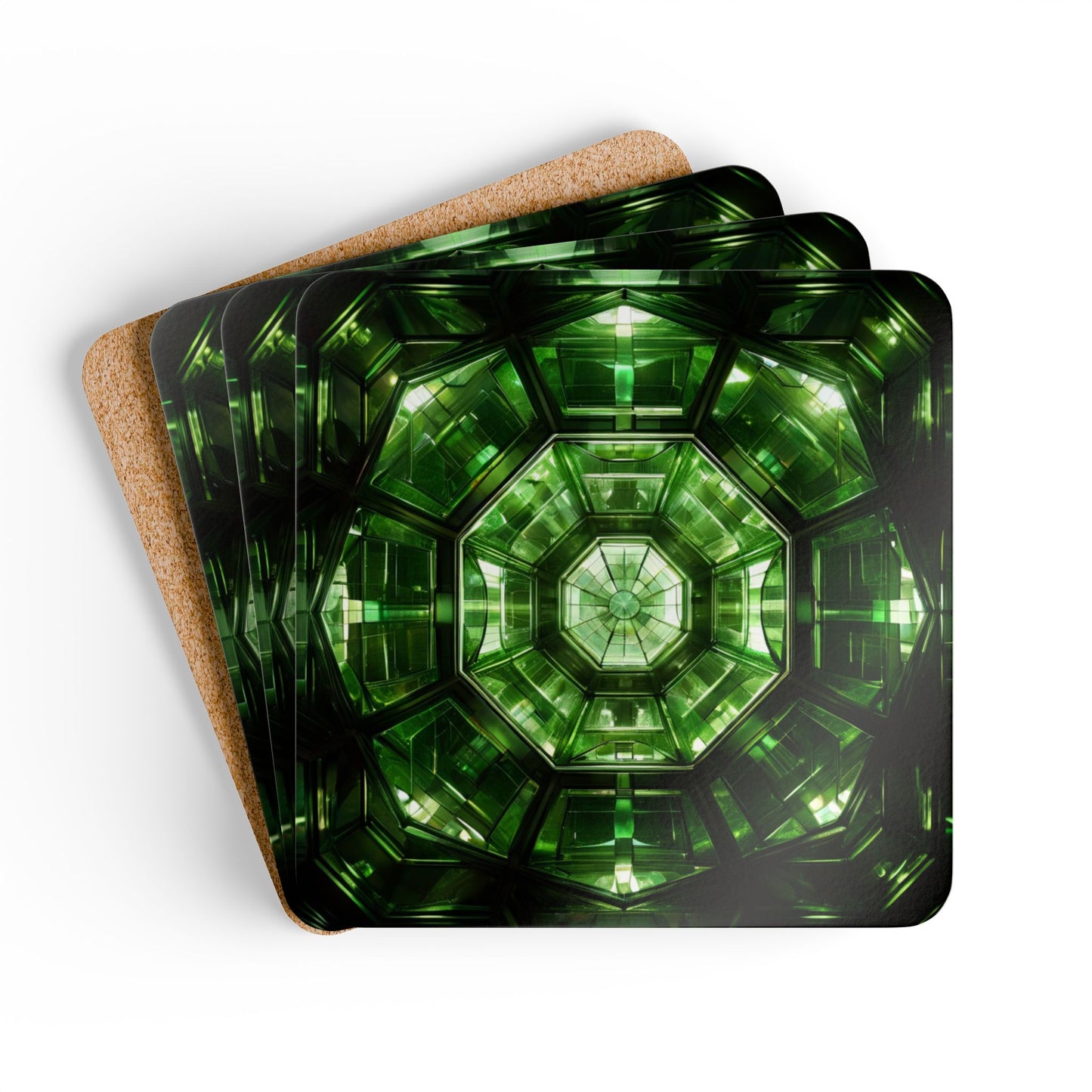 Green Geometric Cork Coaster Set, Home Decor, Kitchen Swag