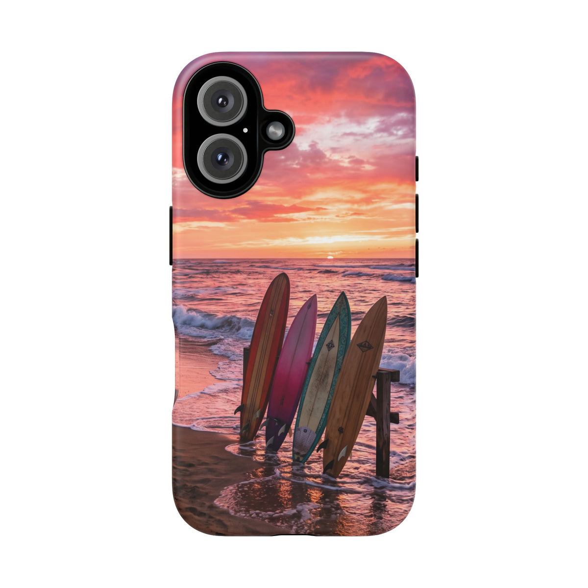 iPhone Tough Cases Phone Cases for iPhone 16\17\18 – Dual Layer, Matte/Glossy Finish, Wireless Charging Compatible. Phone Case - Sunset Surfboard Beach Case
